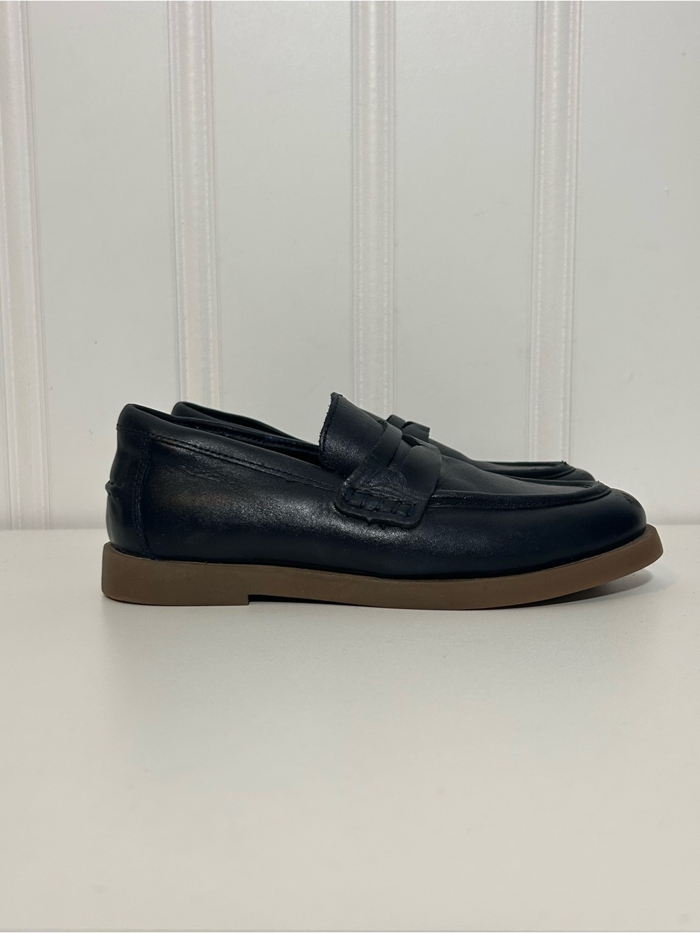 Zara Black Leather Penny Loafers with Brown Sole